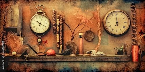 Vintage Wallpaper Banner with some Utensils in the Style of Meticulous Photorealistic Still Life Jumble of Objects Generative AI Background Digital Art