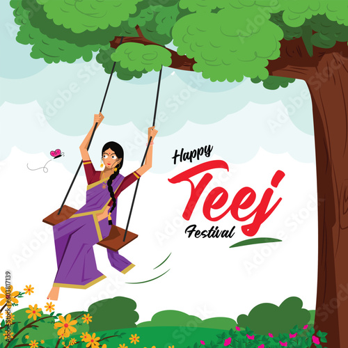 vector illsuatrtion of indian festival hariyali teej. Married woman enjoy swing in monsoon