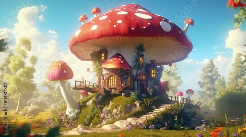 Giant mushroom house in forest  with Generative AI