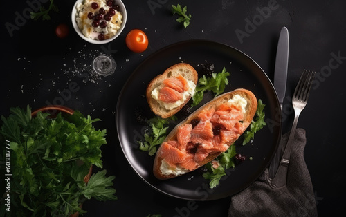 Cream Cheese toasts with smoked salmon created with Generative AI technology