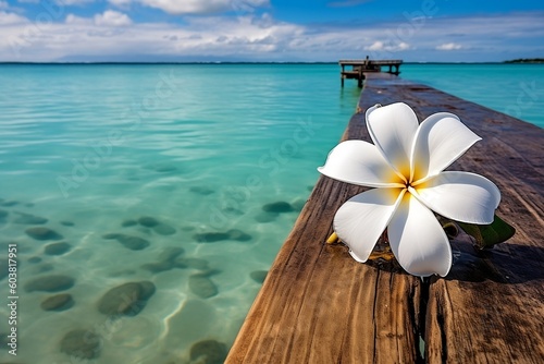 White plumeria flower over clear turquoise blue Caribbean sea water on vacation 