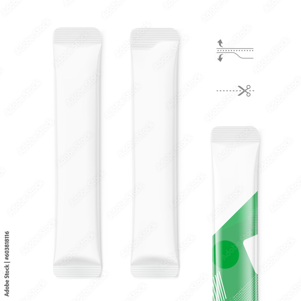Blank stick pack mockups. Front view with sample. Vector illustration isolated on white background. Can be use for food, medicine, cosmetic and etc. EPS10.	