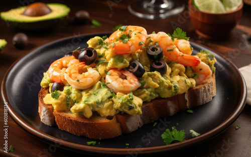 Scrambled on toast with guacamole shrimp and olives reated with Generative AI technology