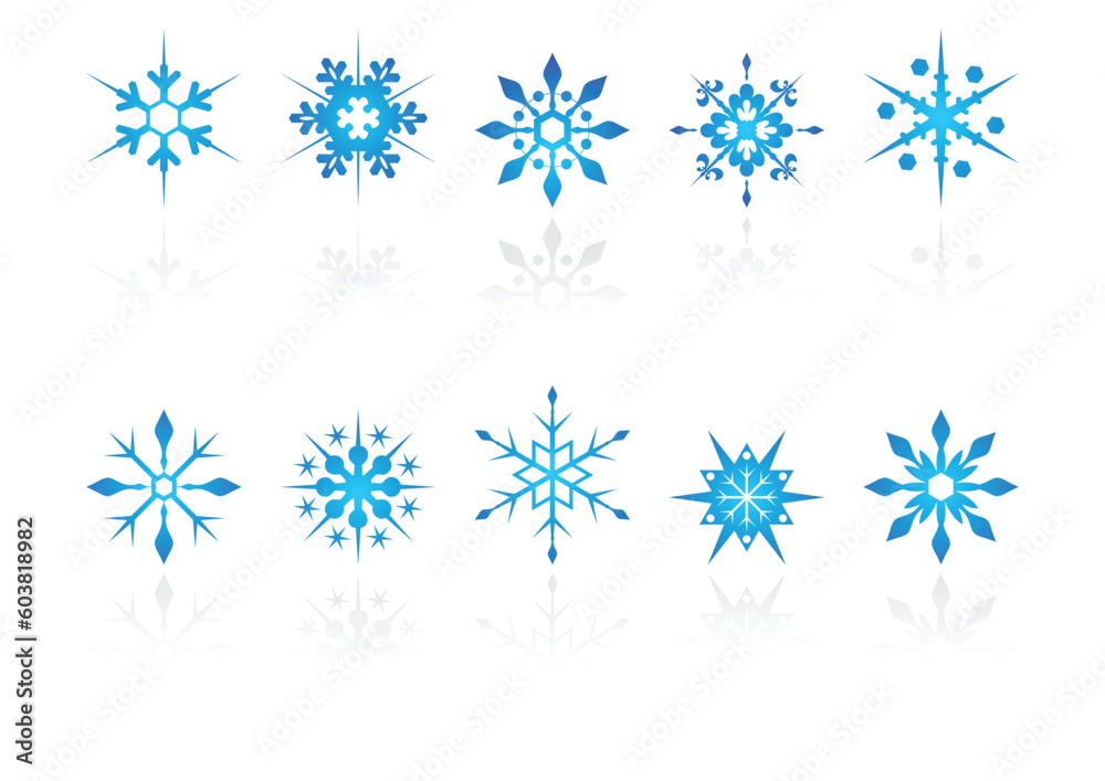 Different snow crystals with reflection over white background