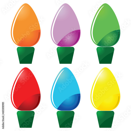 Christmas lights of six different colors over white background