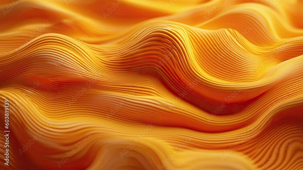 3D animation of orange surface made of waving lines with liquid background, creative colored fluid art with slow psychedelic movement, for business purposes