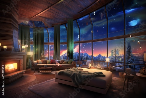 luxury room with Christmas tree and winter night view