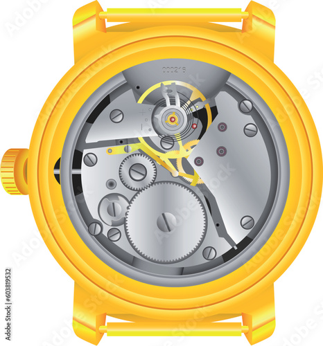 The mechanism of hours in the gold case on a white background