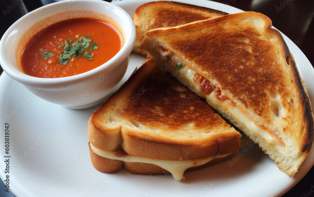 tomato soup and bread created with Generative AI technology tomato soup and bread created with Generative AI technology