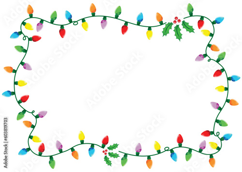 Frame made of Christmas lights and holly over white background