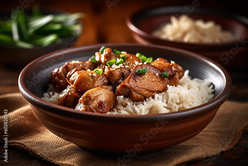 Close up of a bowl of rice and chicken adobo, Filipino food. Generative AI photo