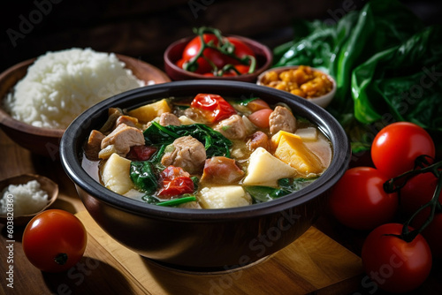 A bowl of pork meat sinigang and rice, Filipino stew. Generative AI