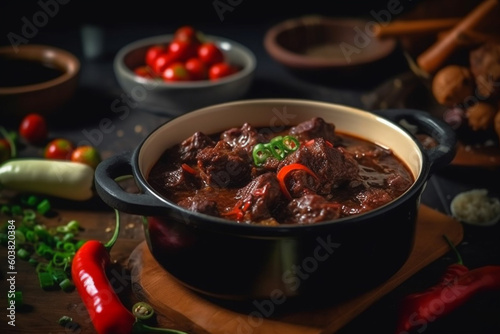 Close up of Dinuguan stew, Filipino food. Generative AI