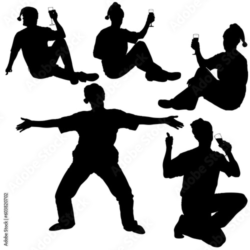 Silhouettes - Santa Drinking A - New Year's Celebrations - Champagne Toast    Detailed black and white vector illustration.