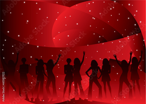 Vector illustration with silhouettes of the young girls dancing on a night party