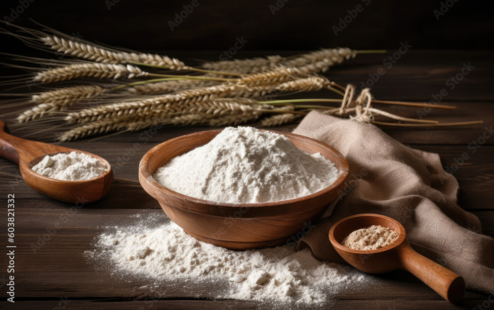 Fototapeta premium wheat flour on an old wooden table created with Generative AI technology