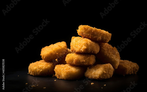 A pile of chicken nuggets isolated on black created with Generative AI technology