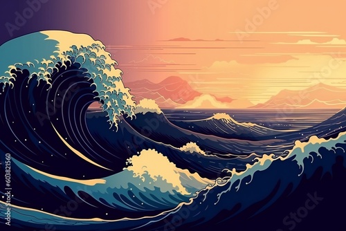Illustration of a high waves and a orange sunset in the ocean, generative AI