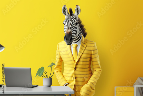 Portrait of zebra wearing yellow business suit  Businessman in the office  Generative AI 