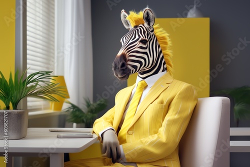 Portrait of zebra wearing yellow business suit, Businessman in the office, Generative AI  photo