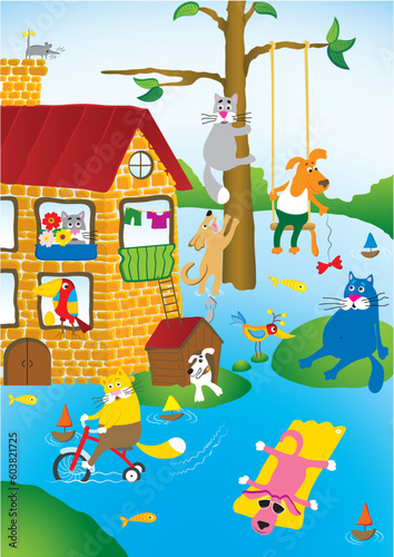 Cartoon landscape with flooding in city of pets