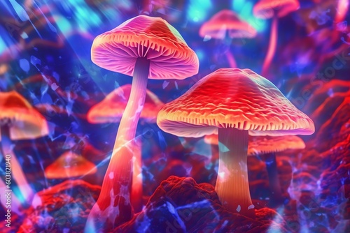 Magic Mushrooms, Glowing mushrooms in the night forest, AI generated