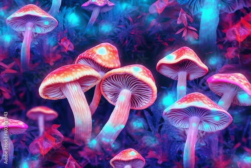 Magic Mushrooms, Glowing mushrooms in the night forest, AI generated