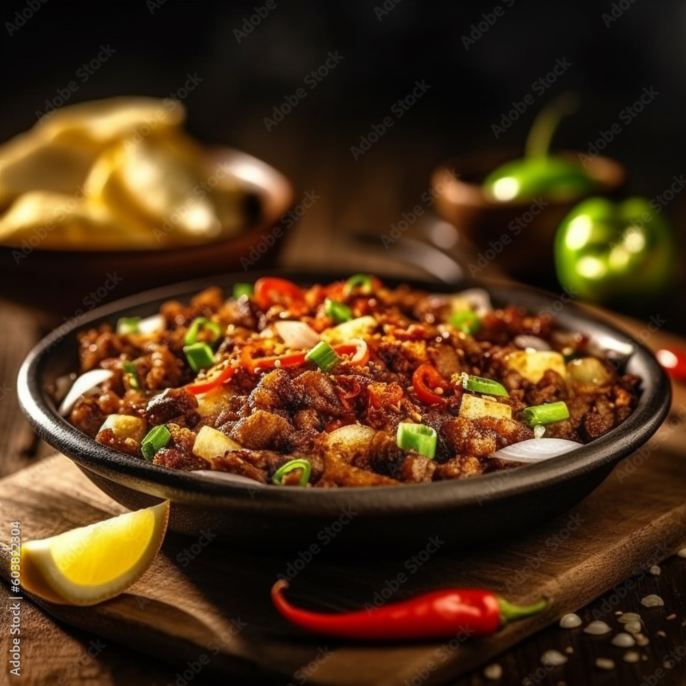 Close up of sisig dish, spicy fatty meat Filipino dish. Generative AI Close up of sisig dish, spicy fatty meat Filipino dish. Generative AI