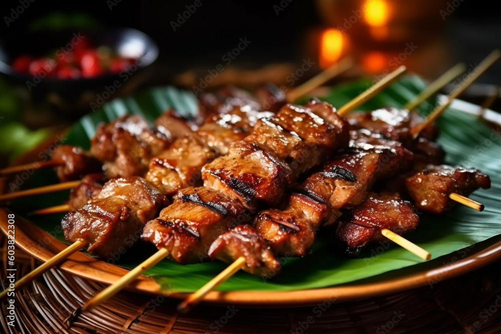 Skewered pork barbecue in a plate, Filipino food.Generative AI