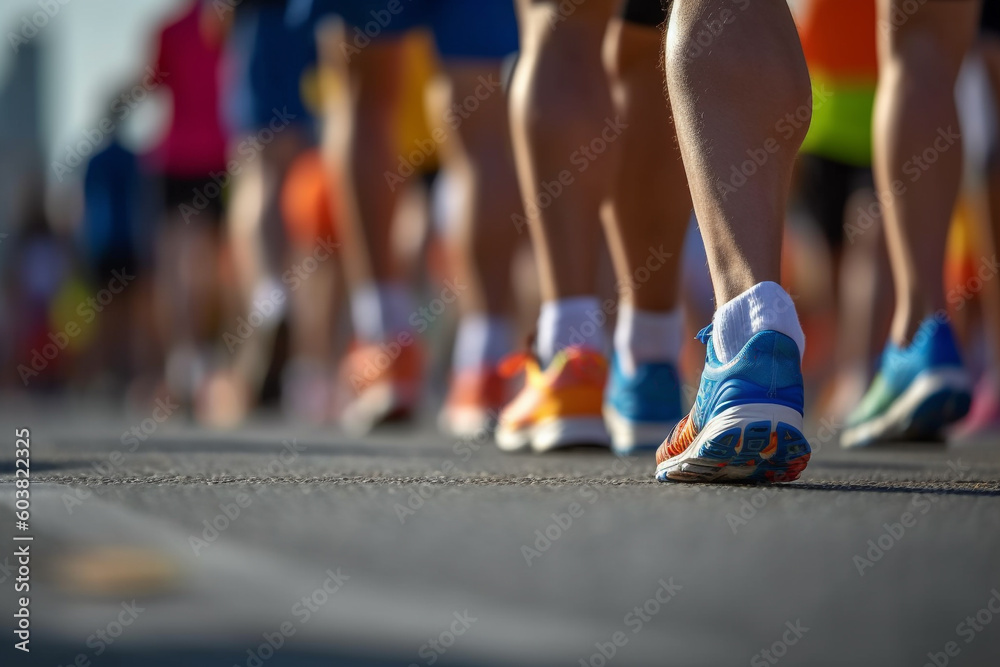 Close up of a crowd of marathoner in the street during marathon run. Generative AI