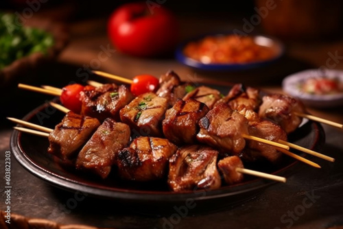 Close up of skewered pork barbecue in a plate, Filipino food.Generative AI