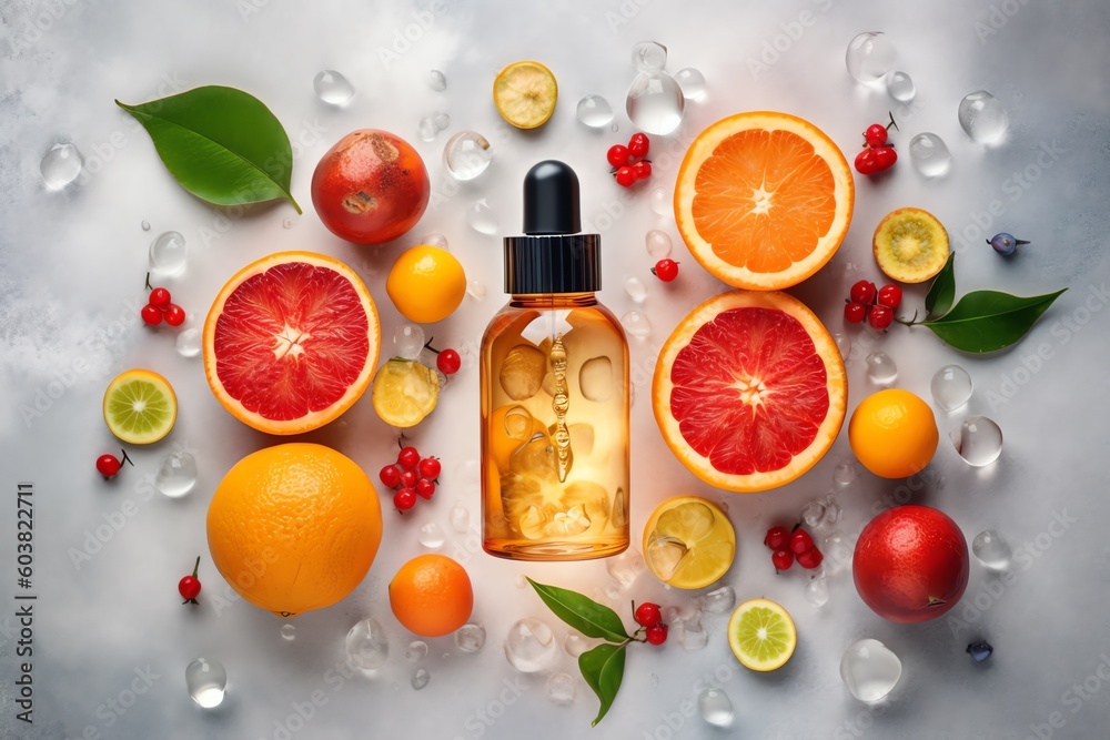 Natural vitamin c serum, skincare, essential oil products. Bottle of vitamin C serum with fresh juicy orange fruit. Beauty product branding mock-up. Ai generated - obrazy, fototapety, plakaty 