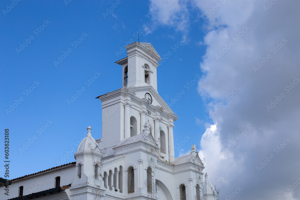 White Christian church in Colombia, a Latin American country, the church has a colonial style.