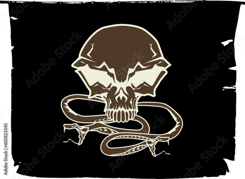Black chevron with stylized human skull and snakes. Vector illustration.