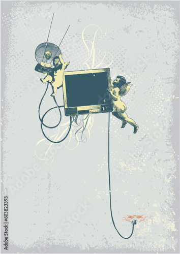 Two pretty cupids trying to find a tv channel. Grunge background. Vector illustration