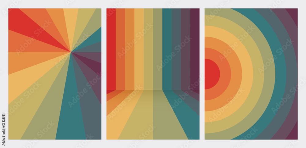 Set of vector abstract templates. A4 retro covers. Rainbow posters.