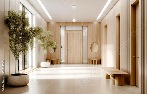 Elegant interior design of modern spacious entrance hall with door and wooden paneling walls. Created with generative AI