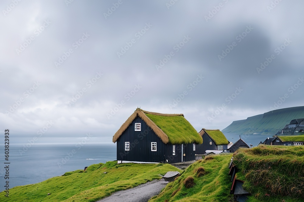 Fototapeta premium Panoramic view into the bay, Faroe Islands Generative AI.