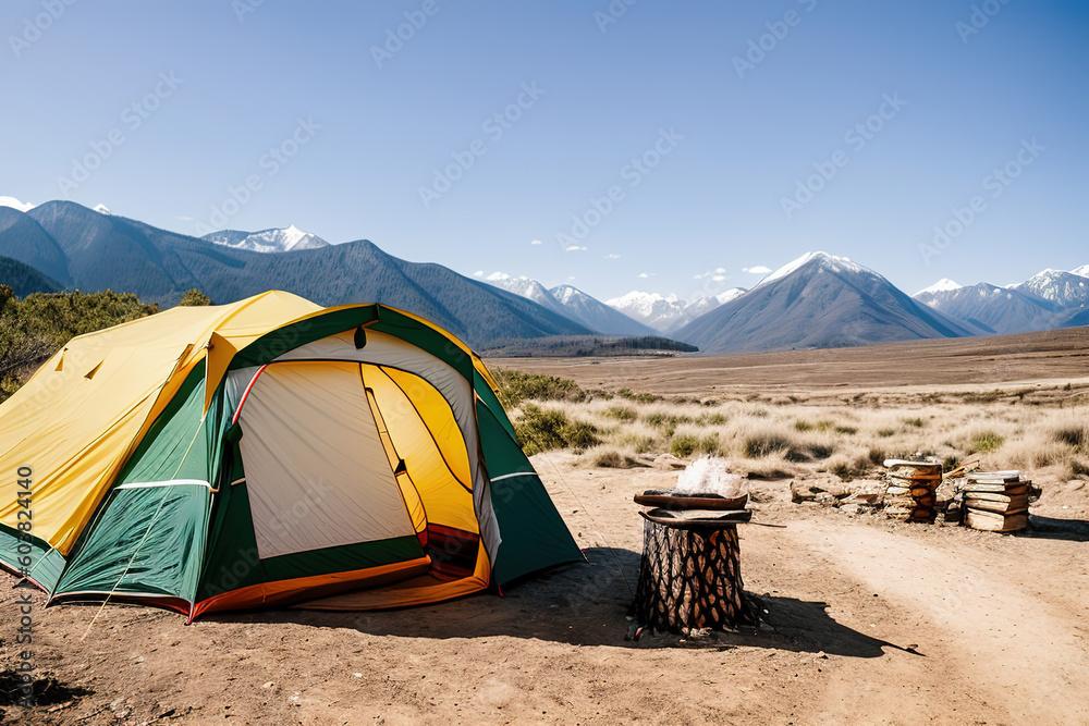 Tourist camp in the mountains, tent in the foreground. generative AI.