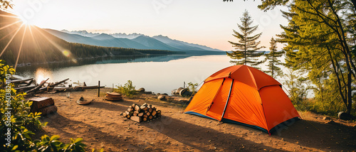 Tourist camp in the mountains, tent in the foreground. generative AI.