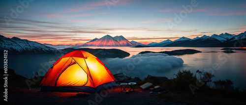 Tourist camp in the mountains  tent in the foreground. generative AI.