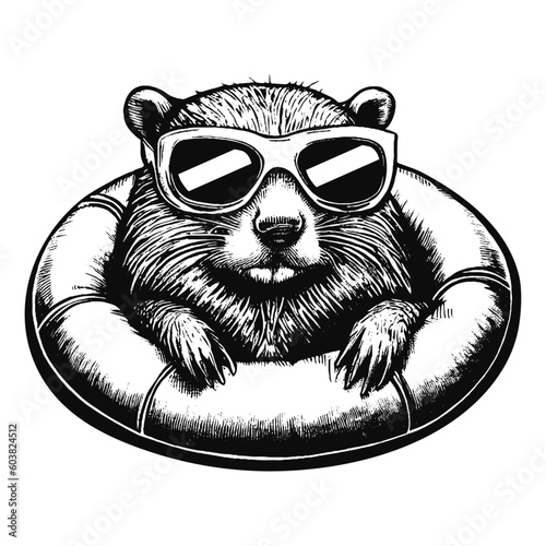 beaver wearing sunglasses in a swimming inflatable ring sketch, summer vacation