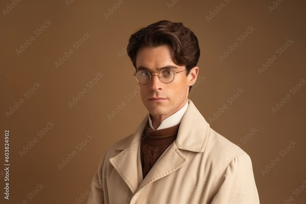 Fototapeta premium portrait of male doctor in 19th century in Victorian era in coat on beige background, created with Generative AI Technology