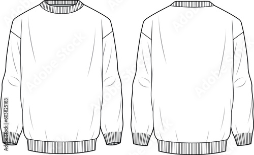 Men's Basic Regular Fit Jumper. Technical fashion illustration. Front and back, white color. Unisex CAD mock-up.