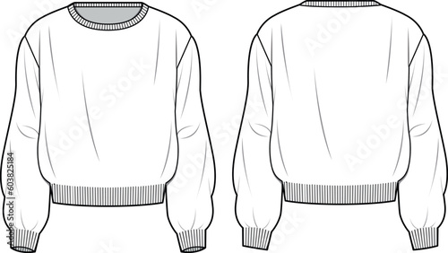 Women's Basic Regular Fit Jumper. Technical fashion illustration. Front and back, white color. Unisex CAD mock-up.