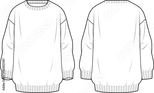 Women's Basic Regular Fit Jumper. Technical fashion illustration. Front and back, white color. Unisex CAD mock-up.