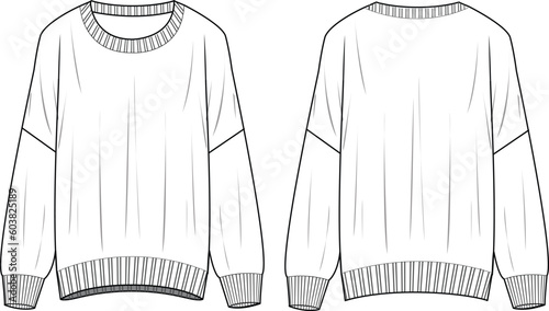 Women's Basic Oversize Jumper. Technical fashion illustration. Front and back, white color. Unisex CAD mock-up.