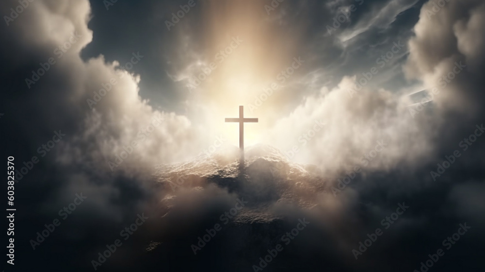 A Christian cross shines in the sky. Generative AI A Christian cross shines in the sky. Generative AI
