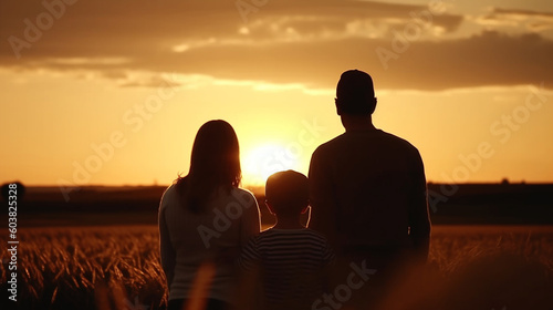 The family stands together at sunset. Generative AI © Daniel