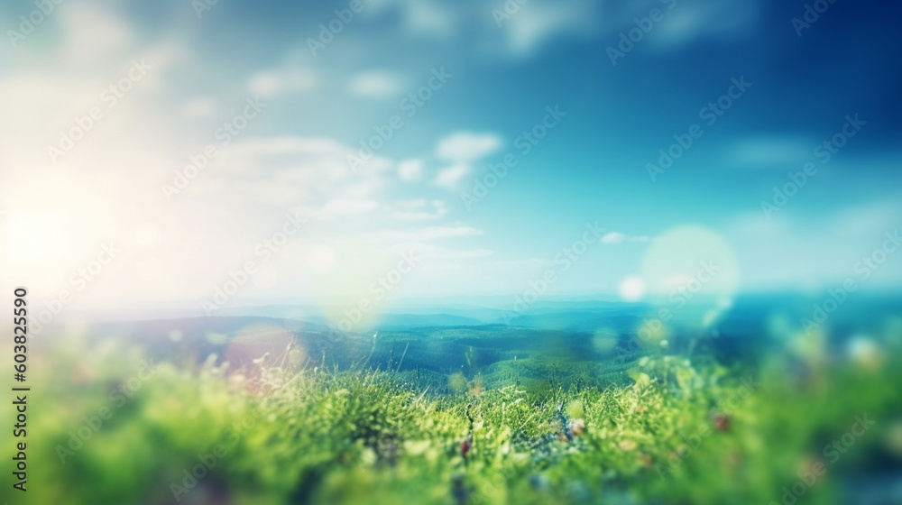 View of the green field in the morning on bokeh background. Generative AI